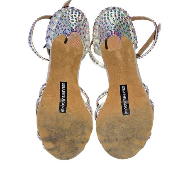 Satin & Leather Bridal / Ballroom Dance Heels Pearls & Rhinestones Sz 8 - Picture 5 of 9